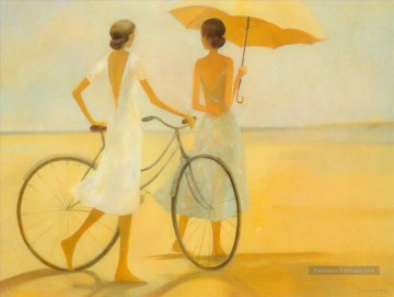 Dame avec vélo à la plage Peinture à l'huile